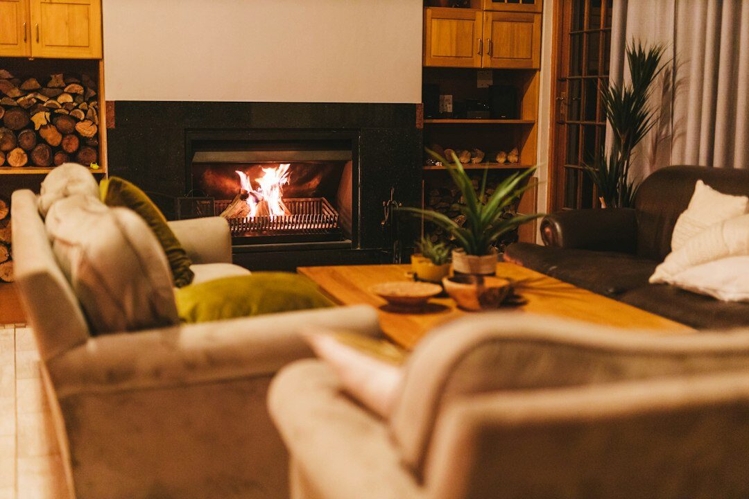 Luxurious Alpine chalet living room with fireplace