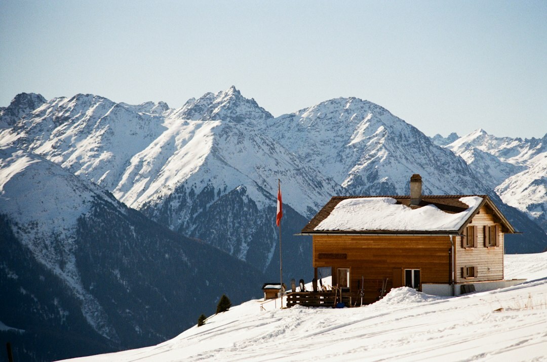 Ski chalet exterior in the Swiss Alps during winter