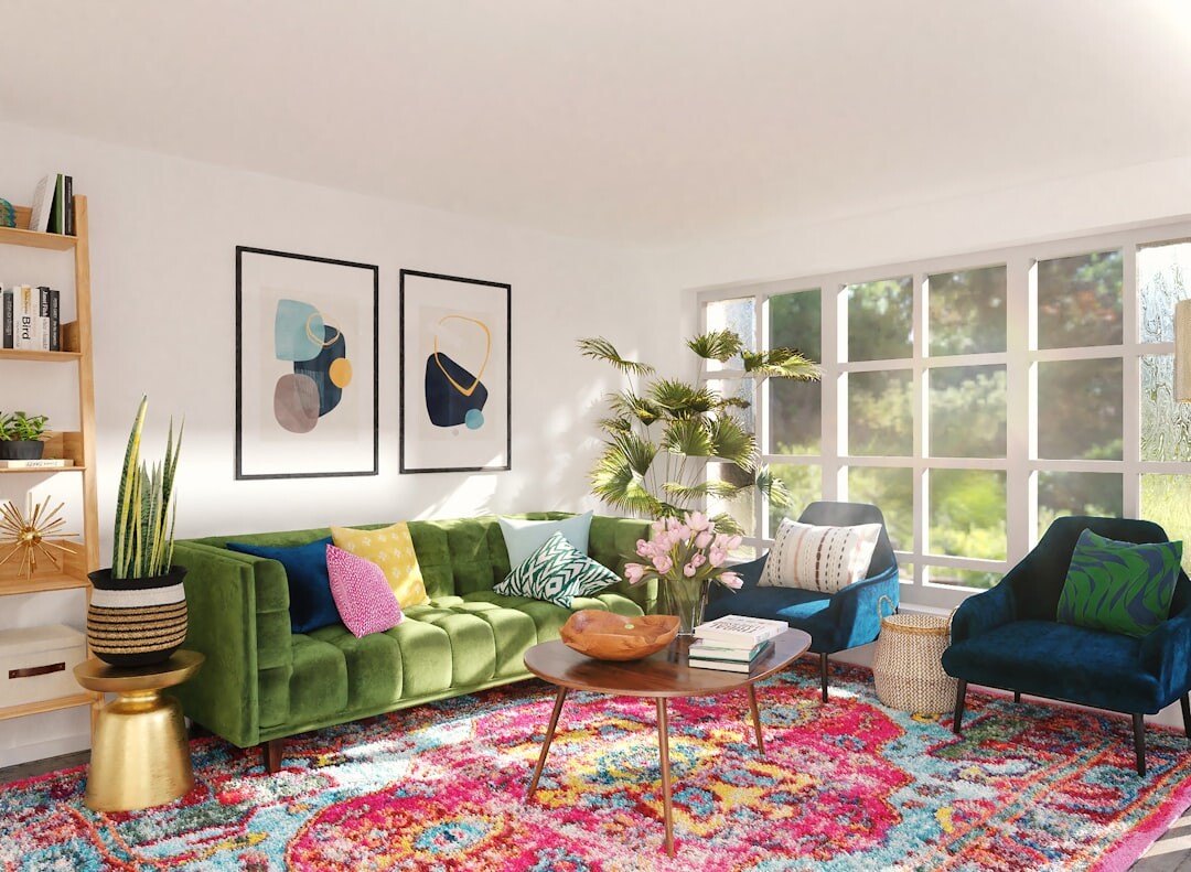Retro 1980s living room with vintage decor and bold colors